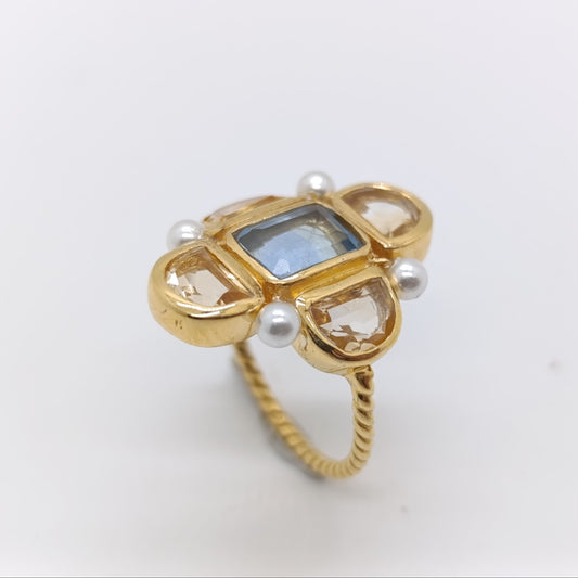 Anillo Classic Barroco Turmalina Citrino y Perla Chapado en Oro 18k