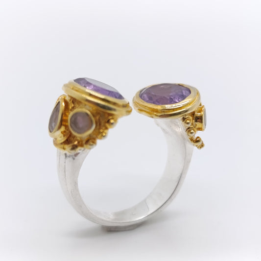 Anillo Equal Amatista y Piedra Luna Plata 925 Chapado Oro 18k