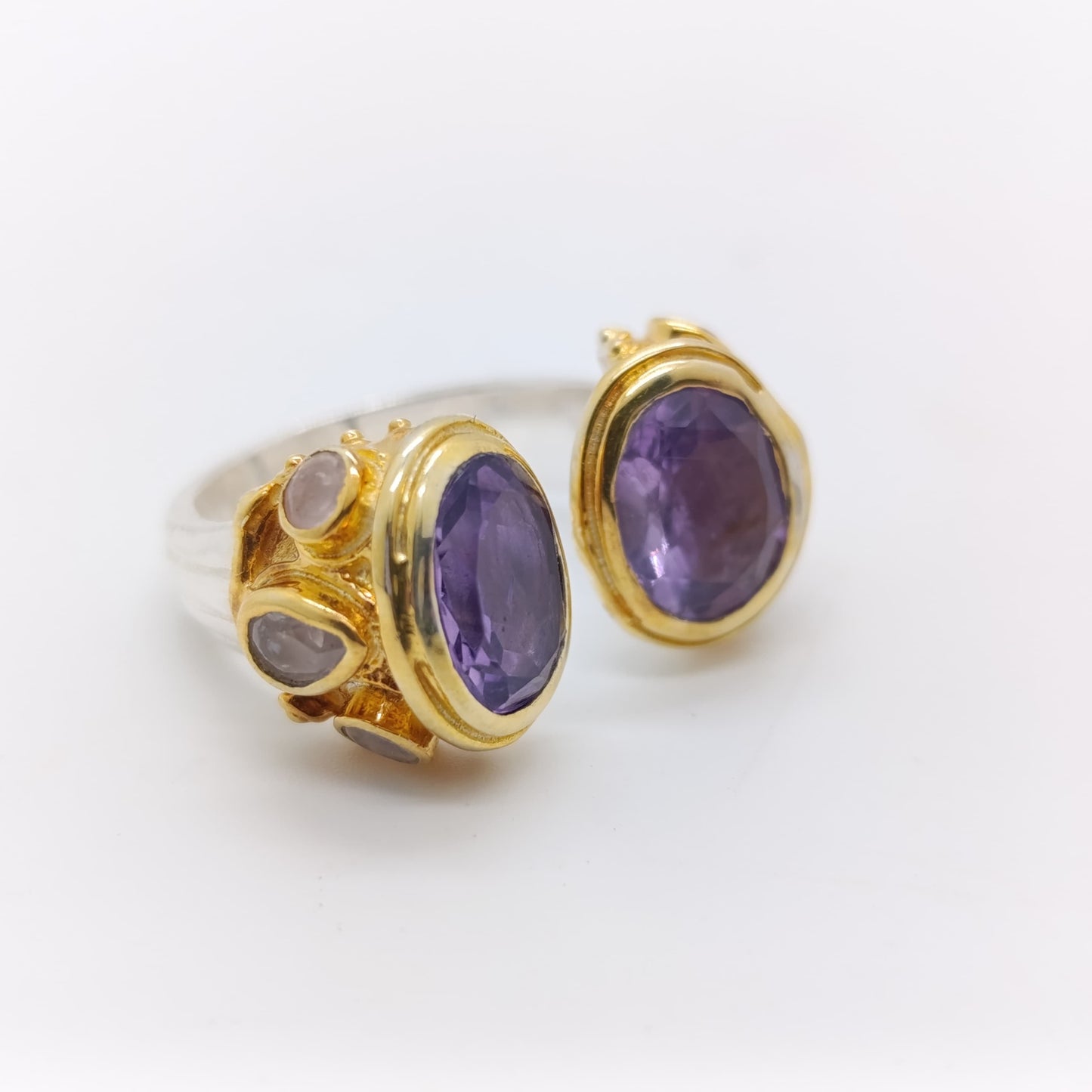 Anillo Equal Amatista y Piedra Luna Plata 925 Chapado Oro 18k