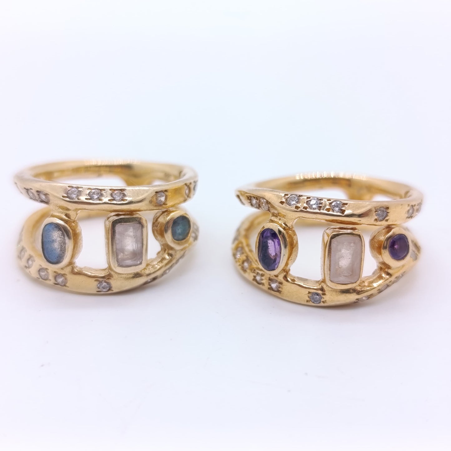 Anillo Kurma Amatista y Cuarzo Rosa con Moissanitas en Plata Chapada en Oro 18k