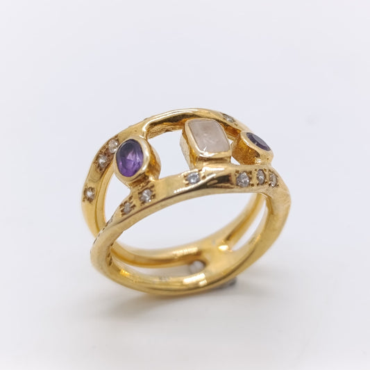 Anillo Kurma Amatista y Cuarzo Rosa con Moissanitas en Plata Chapada en Oro 18k