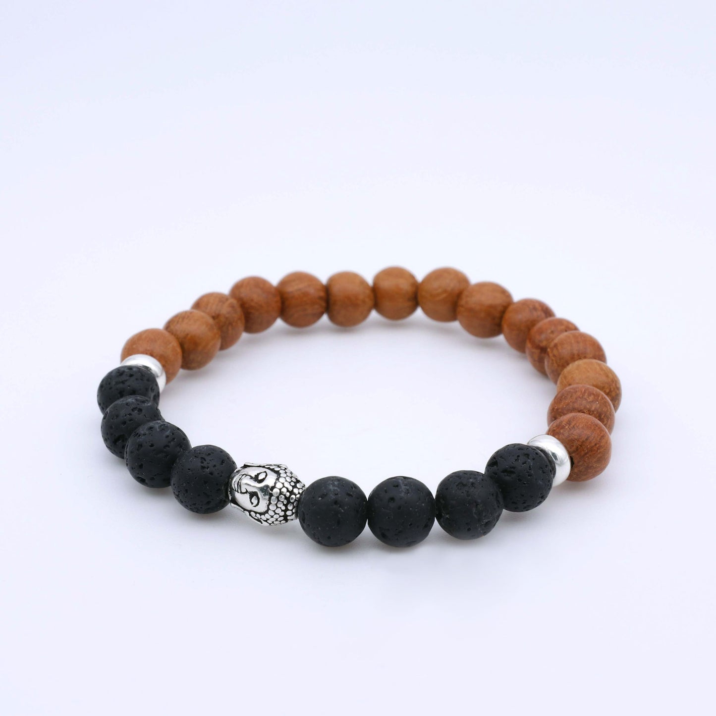Pulsera Bolas Budha Head Lava - Plata Luz