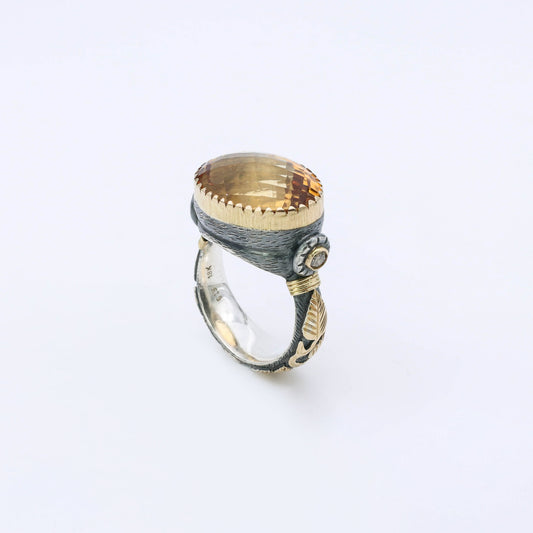 Anillo Plata, Oro, Citrino y Diamantes