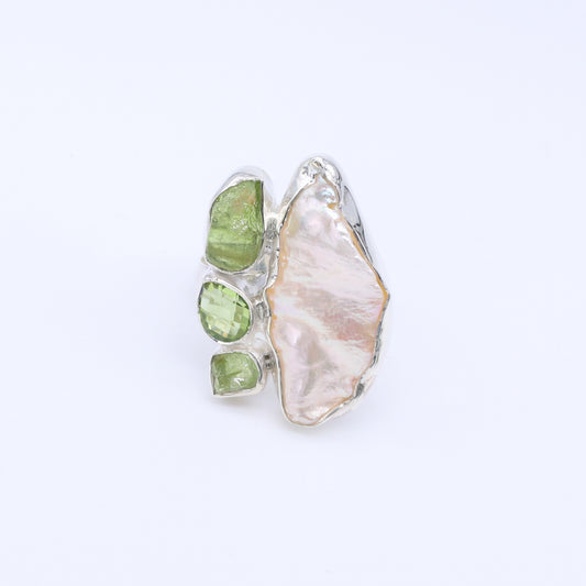IC: ANILLO PLATA 925 PERLA Y OLIVINAS