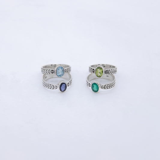 Anillo Wiki Hecho a Mano Plata 925 Iolita, Topacio Azul, Olivina y Calcedonia verde
