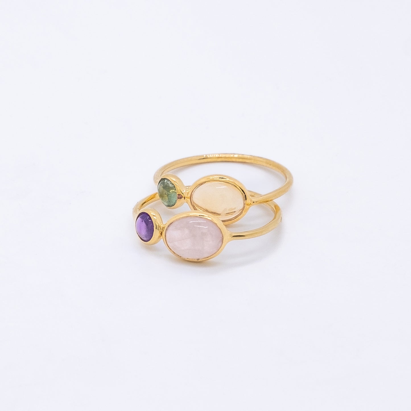 Anillo Pahi Plata 925 Baño Oro 18k Cuarzo Rosa y Peridoto - Amatista