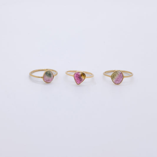 Anillo Takirua Hecho a Mano Plata 925 Baño Oro 18k Turmalina Sandía Bicolor