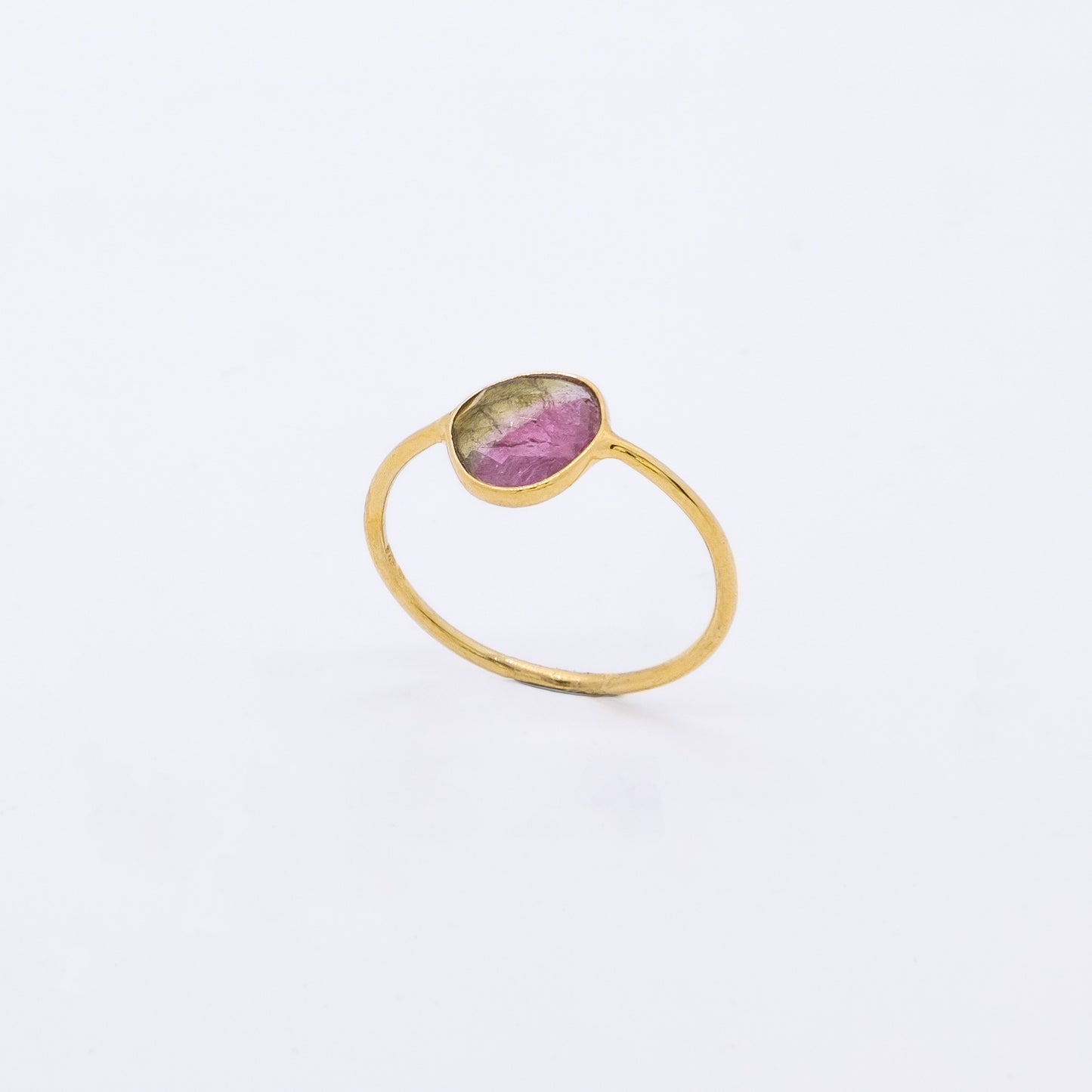 Anillo Takirua Hecho a Mano Plata 925 Baño Oro 18k Turmalina Sandía Bicolor