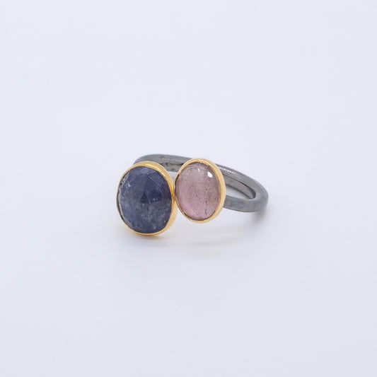 Anillo Pango Plata 925 Baño Oro 18k Tanzanita y Turmalina