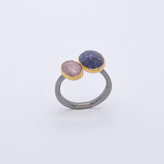Anillo Pango Plata 925 Baño Oro 18k Tanzanita y Turmalina