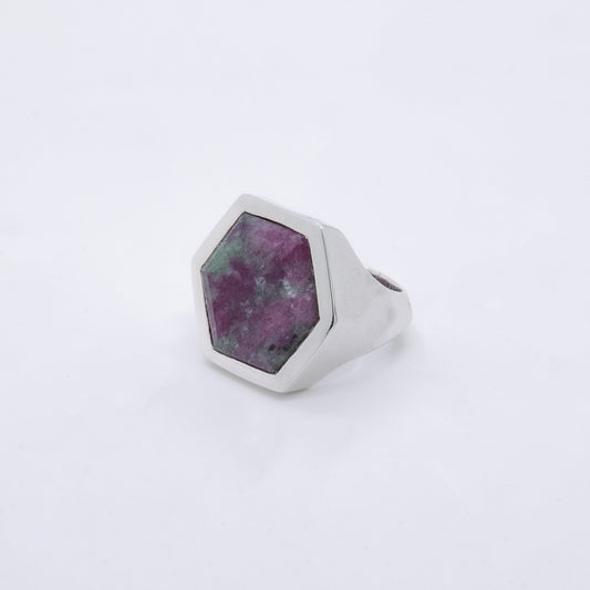 Anillo Hexagono Plata Maciza 925 y Zoisita con Rubí Natural