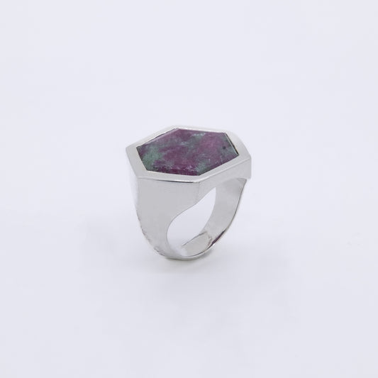 Anillo Hexagono Plata Maciza 925 y Zoisita con Rubí Natural