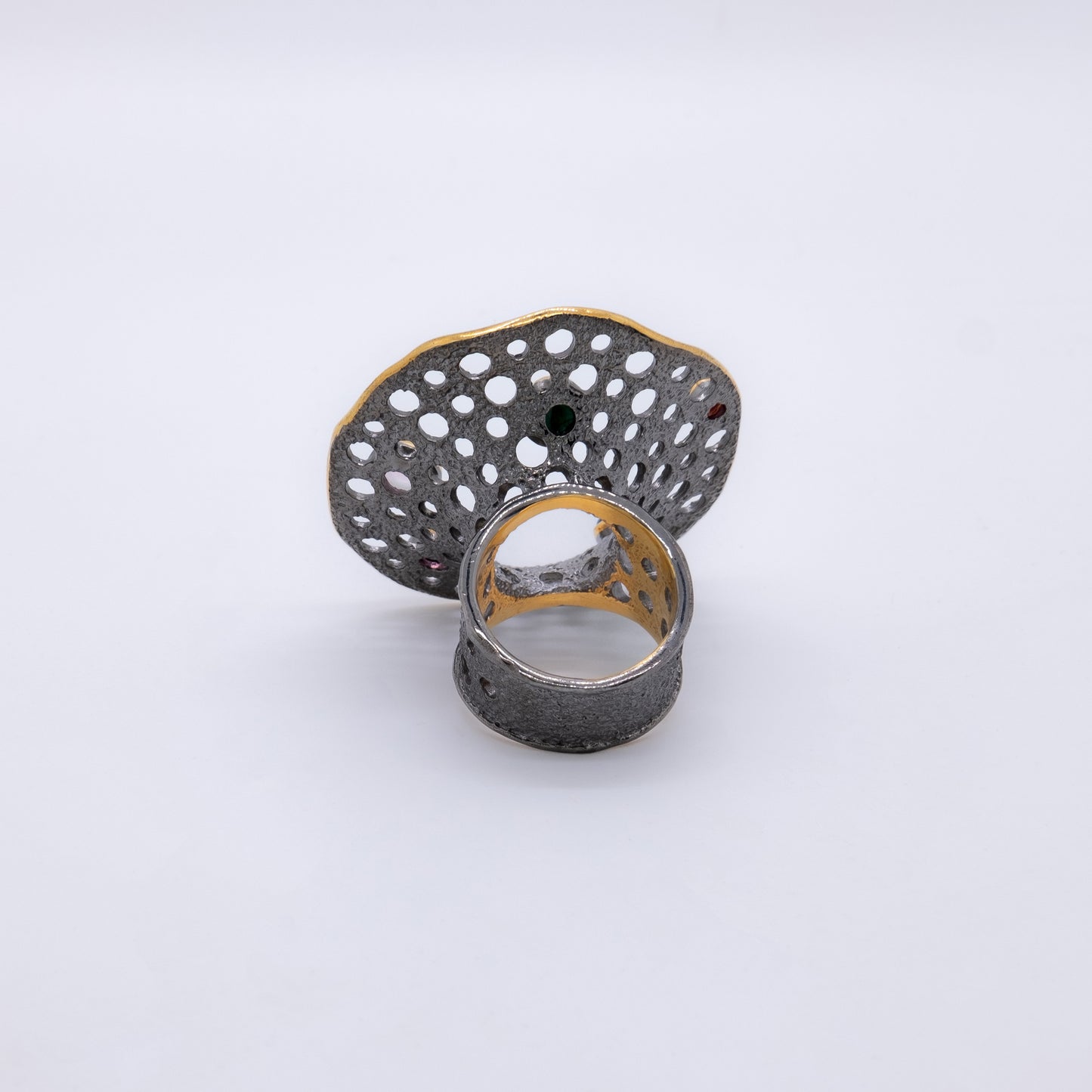 Anillo Mātiti Plata 925 Baño Oro 18k y Rodio Negro Turmalinas Multicolor
