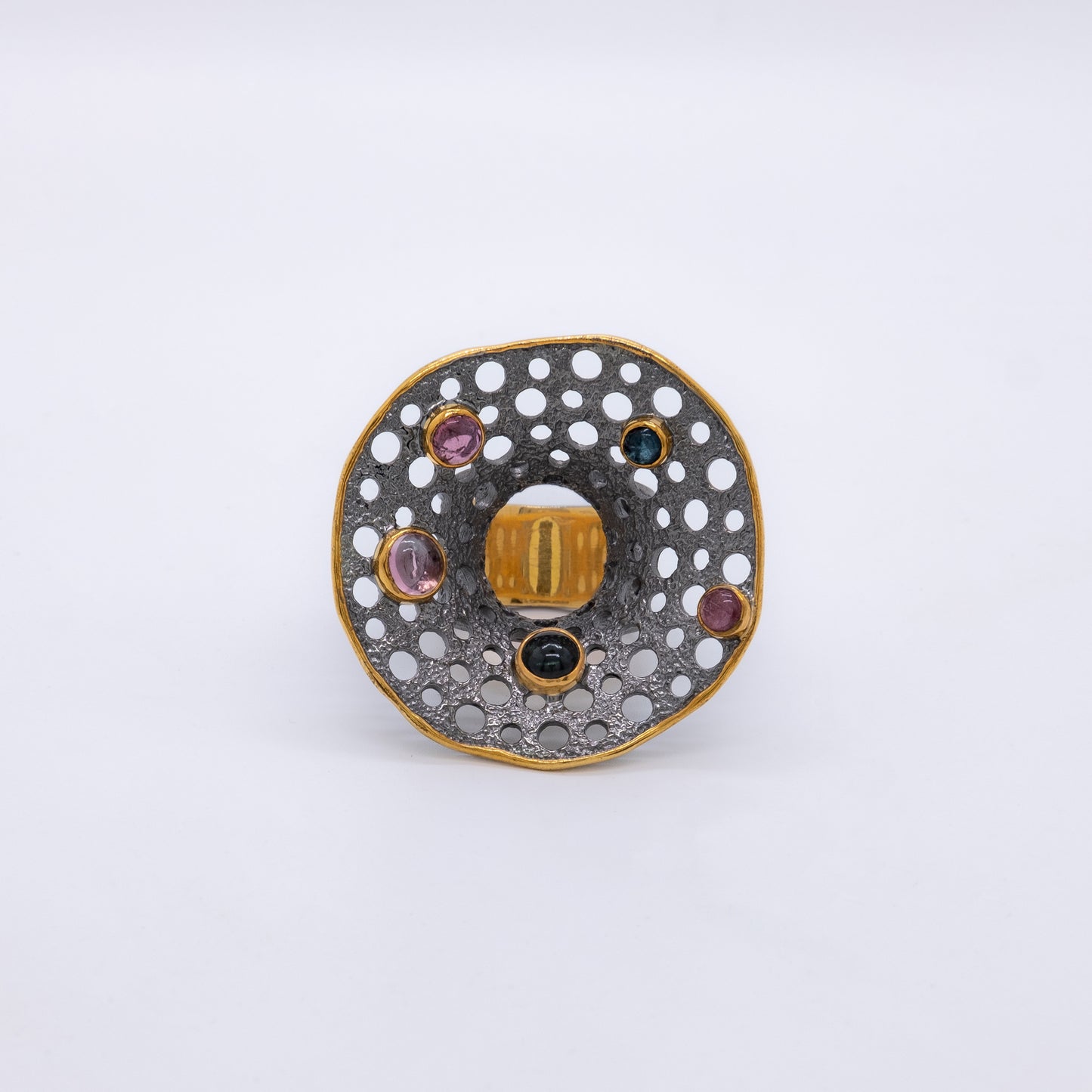 Anillo Mātiti Plata 925 Baño Oro 18k y Rodio Negro Turmalinas Multicolor