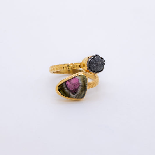 Anillo Merangi Plata 925 Baño Oro 18k Diamante en bruto y Turmalina Sandía