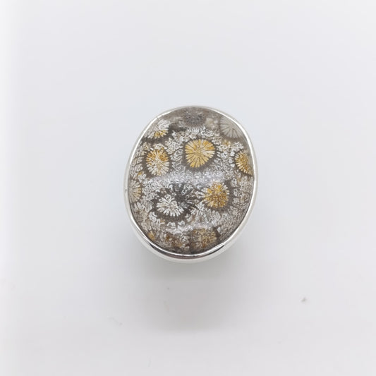 Anillo Fosil Coral Medusa Plata 925
