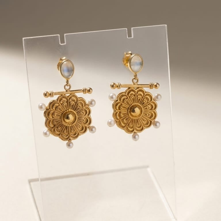 Pendientes Calcedonia Plata Chapada en Oro y Perlas