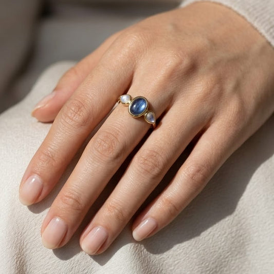 Anillo Cianita y Topacio Plata Chapada Oro 18k