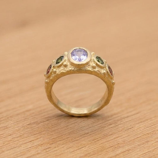 Anillo Zen Tanzanita con Turmalinas Chapado en Oro 18k