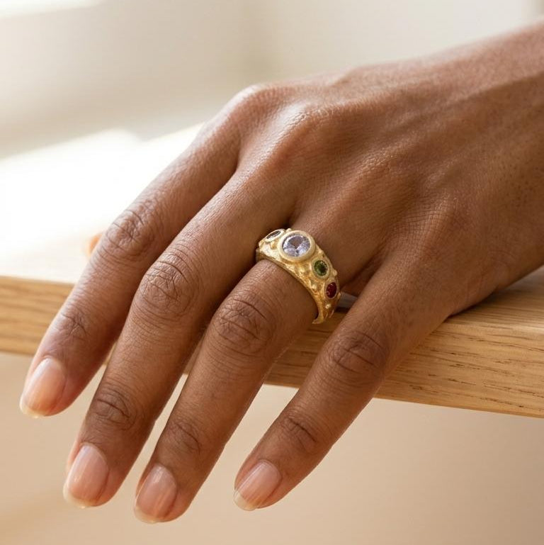 Anillo Zen Tanzanita con Turmalinas Chapado en Oro 18k