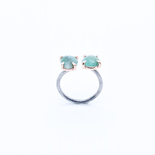 Anillo Kawaii Berilo Verde Plata 925 Baño Oro 18k y Rodio Negro