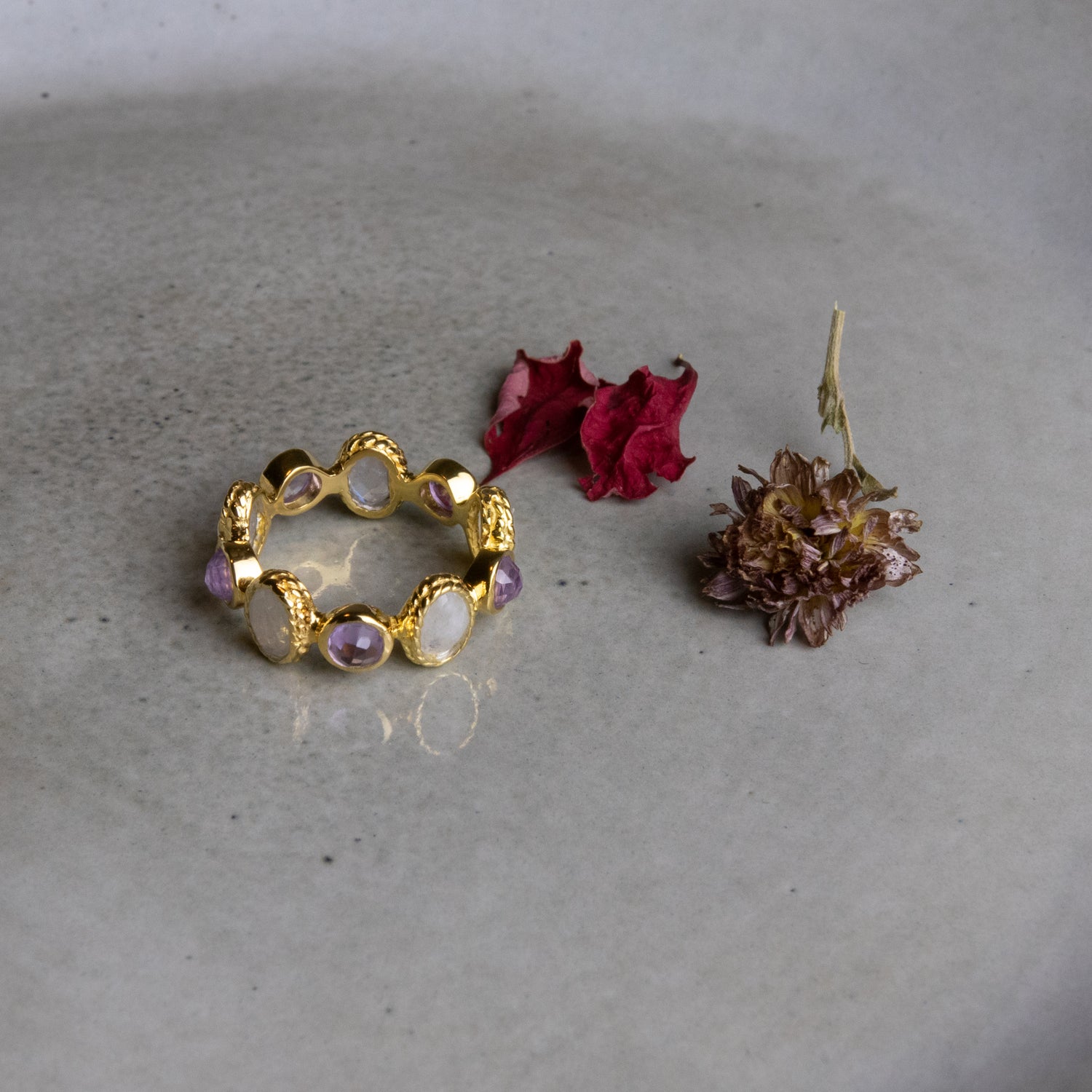 anillo plata chapado en oro - plataluz - piedraluna y amatista elche