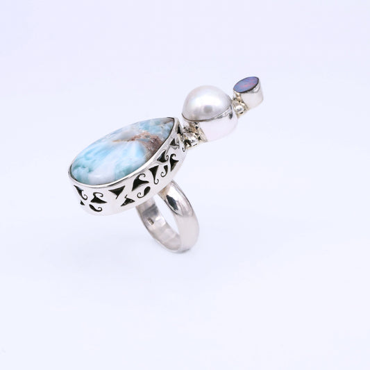 IC: ANILLO PLATA LARIMAR PERLA OPALO