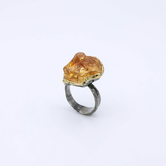 IC: ANILLO PLATA RODIO NEGRO CUARZO CITRINO RUSTICO