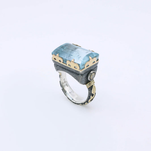 ic: anillo Aguarina Plata y oro diamantes