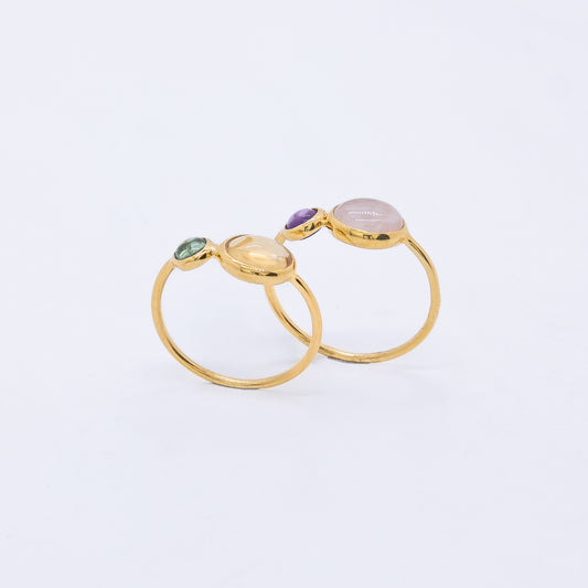 Anillo Pahi Plata 925 Baño Oro 18k Cuarzo Rosa y Peridoto - Amatista