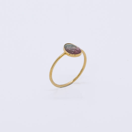 Anillo Takirua Hecho a Mano Plata 925 Baño Oro 18k Turmalina Sandía Bicolor