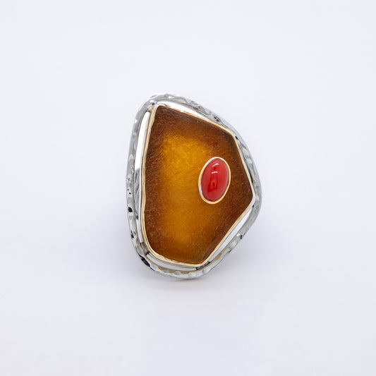 Anillo Amipere Hecho a Mano Ámbar y Coral Rojo Plata 925 Baño Oro 18k y Rodio Negro