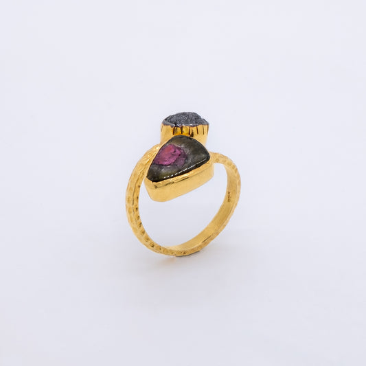 Anillo Merangi Plata 925 Baño Oro 18k Diamante en bruto y Turmalina Sandía