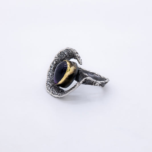 Anillo Eclipse Hecho a Mano Plata 925 Bañada en Oro 18k Cuarzo Amatista