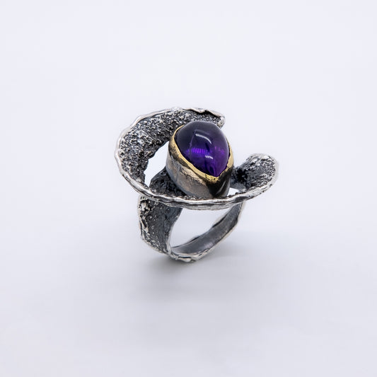 Anillo Eclipse Hecho a Mano Plata 925 Bañada en Oro 18k Cuarzo Amatista